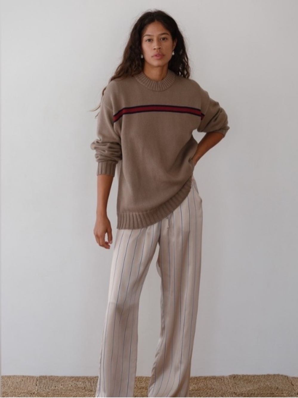Donni The Cotton Cashmere Stripe Oversized Knit Sweater 90s Tan Brown Red - Picture 5 of 13